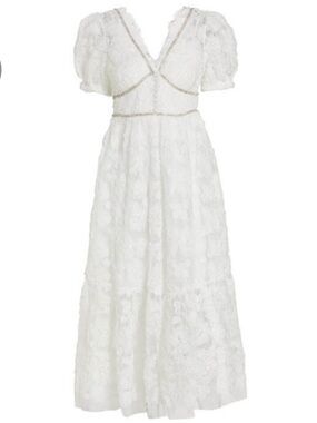 New! Self-Portrait White Lace Midi Dress with Puff Sleeves